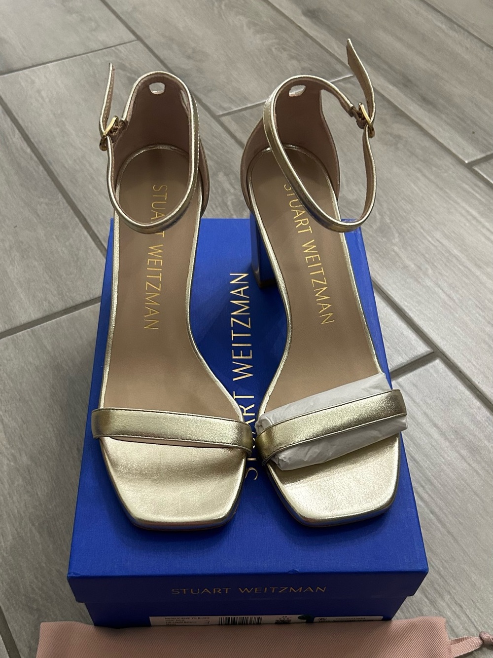 Stuart Weitzman Metallic Gold Ankle-Strap Block Heels